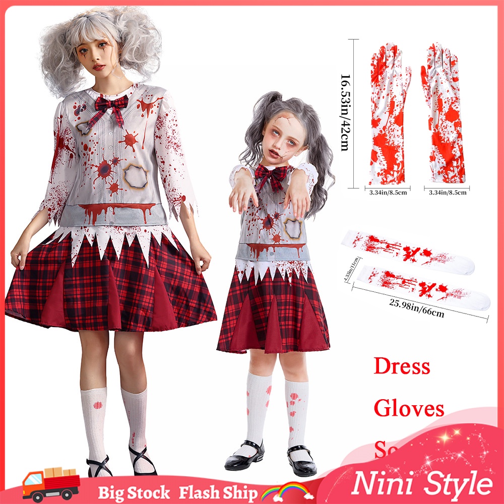 Zombie School Girl Costume for Kids Girl Bloody Zombie Student Uniform