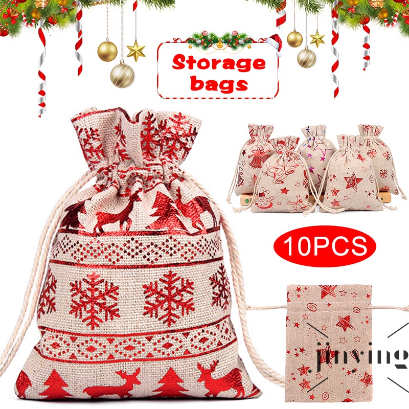 10pcs Christmas Drawstring Gift Bags Cotton & Linen Present Treat ...