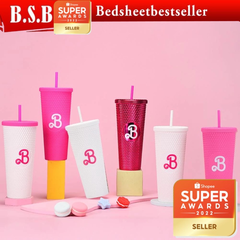 B.S.B Pink Barbie Style Studded Tumbler Water Cup With Straw Reusable ...