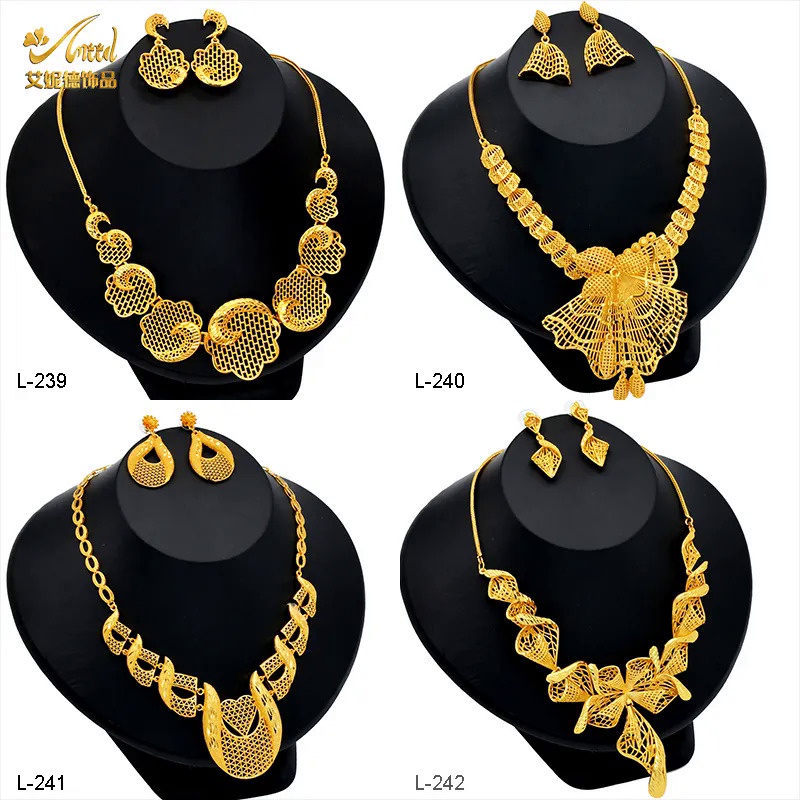 Dubai Indian Luxurious Necklace And Earrings Gold Color Jewelry Set For