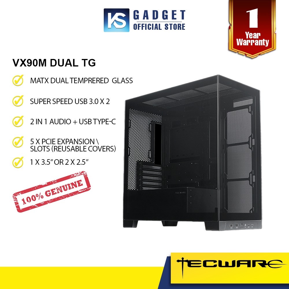 Tecware VX90M Dual TG MATX Dual Tempered Glass Chamber Case w/ USB C ...