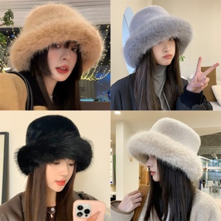 Wide Brim Fluffy Bucket Hat Elegant Faux Fur Large Basin Hats Solid Color Coldproof Warm Fisherman For Women Autumn & Winter