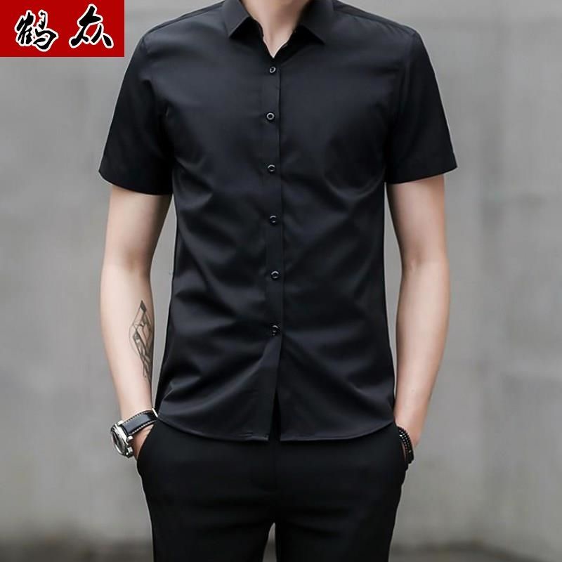 Men Summer ShortSleeved Fashion Black Shirt Business Casual Men's Slim