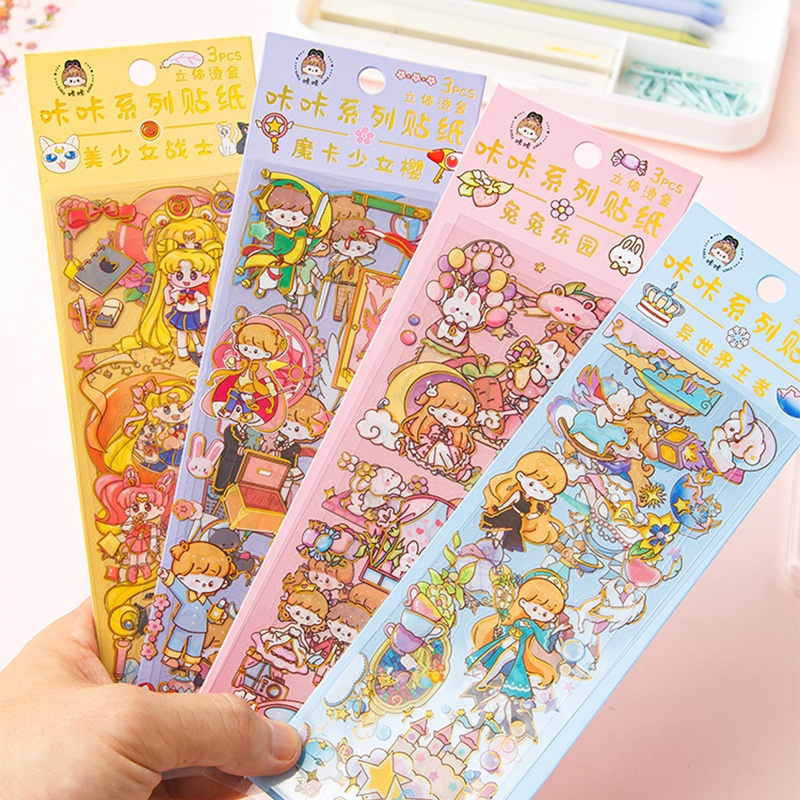 3 Sheets Bronzing Cartoon Magic Girl Series Stickers Pack Stationery ...