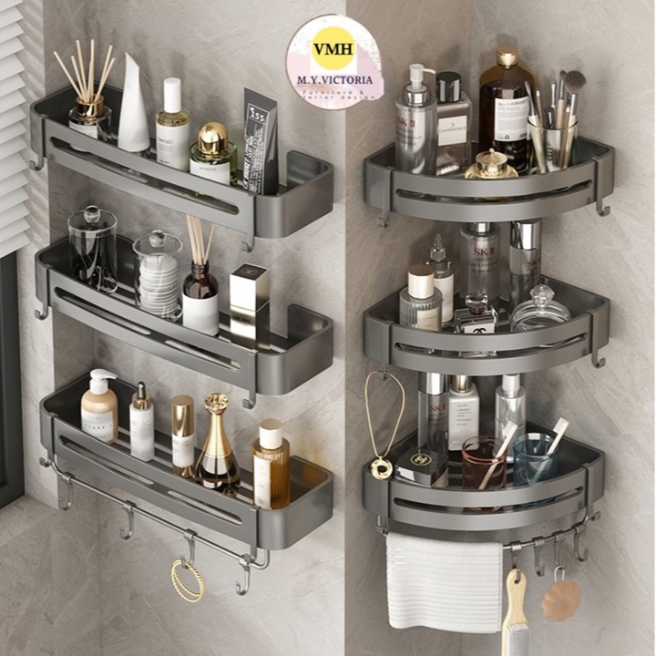 Corner & Rectangular Aluminium Bathroom Wall Rack No Drilling No Nails ...
