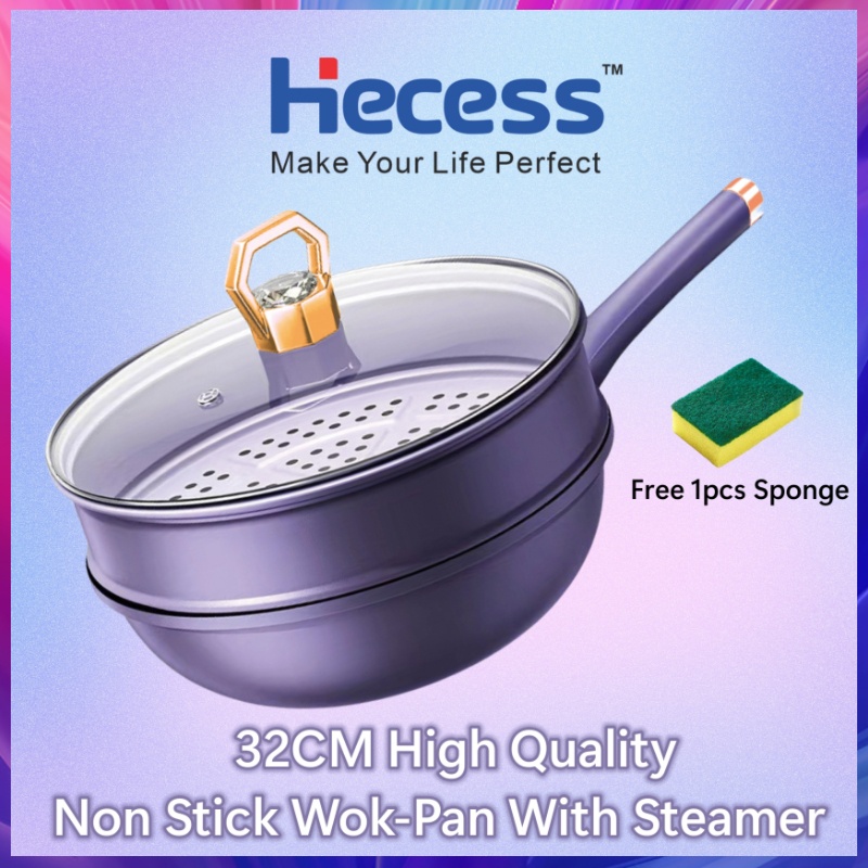 Hecess 32CM Kuali Panci Wok Anti Lengket Dengan Pengukus Non Stick WoK