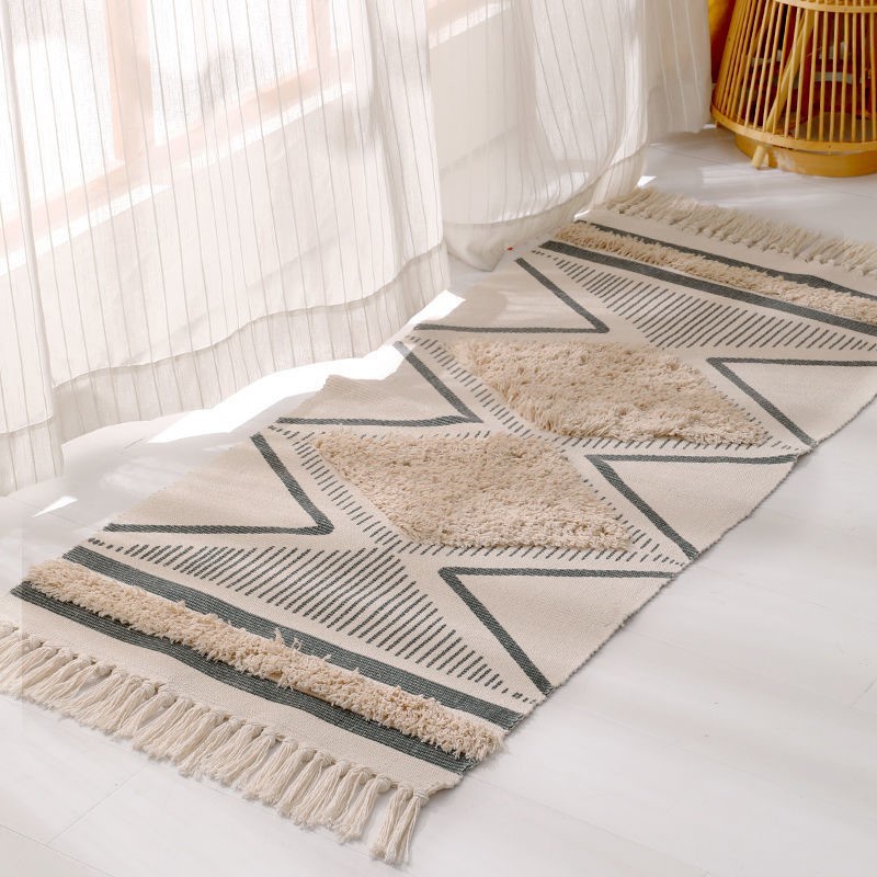 Cotton Linen Carpet/Bedroom Bedside Mat/Geometric Pattern Floor Mat