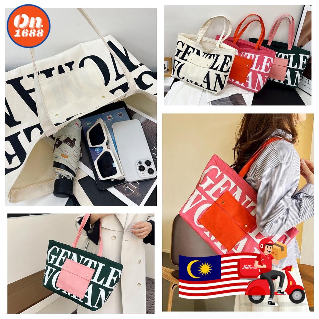 SB-025 Beg besar Letter Printed Women Canvas Handbags Tote Large ...