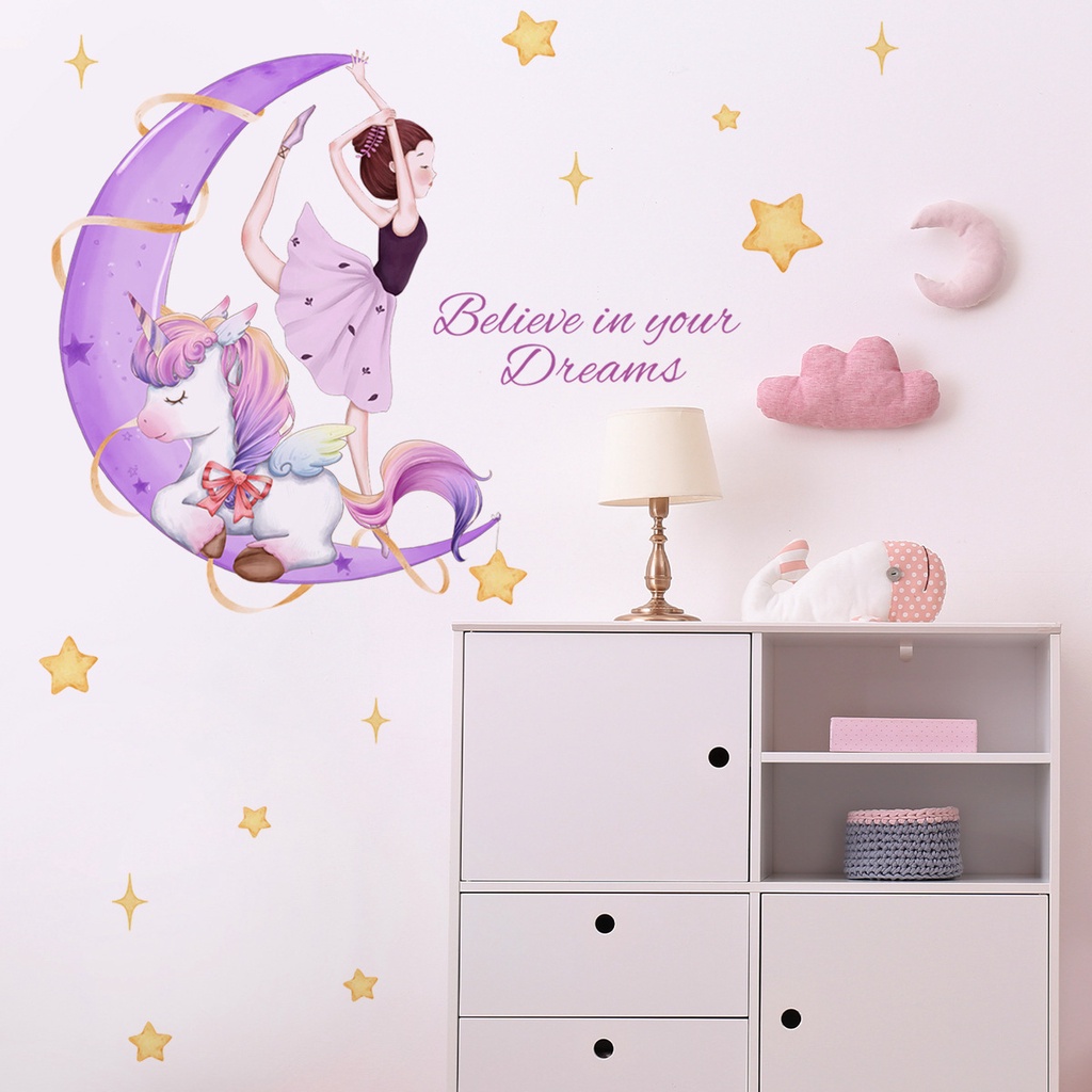 Unicorn Wall Stickers, Little Girl Moon Wall Stickers, Room Decoration