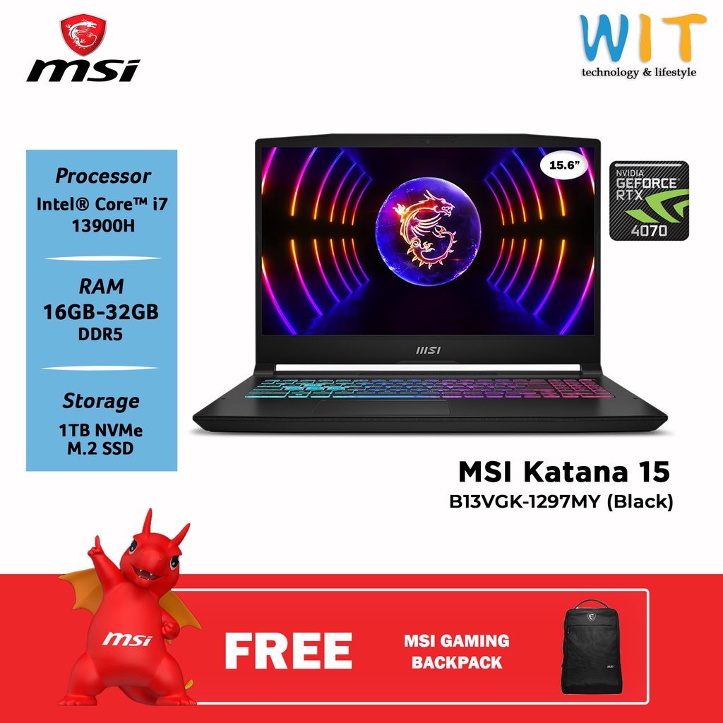 MSI Katana 15 - 13900H · 4070 · 15.6”, Full HD (1920 x 1080), 144 Hz, IPS ·  1TB SSD · 32GB DDR5 · Windows 11 Home