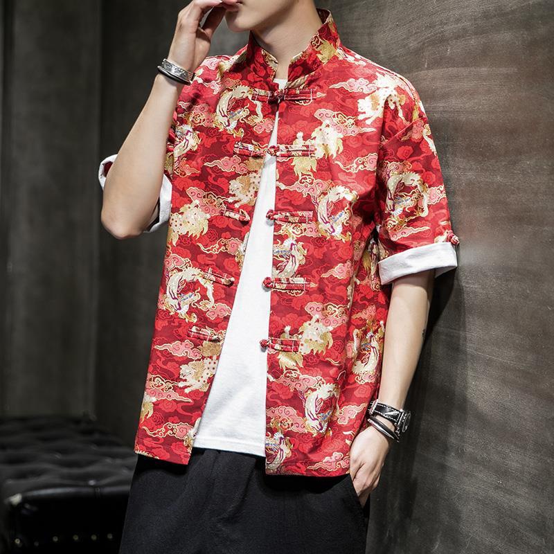 Chinese style red dragon pattern printed shirt men's short sleeve