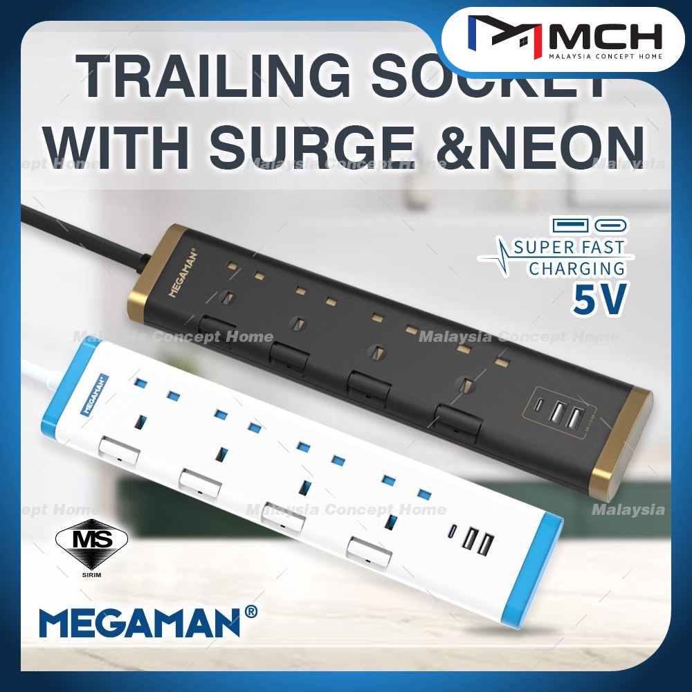 [ SIRIM ]MEGAMAN Trailing Socket Black Gold/White Blue SURGE & NEON 2M ...