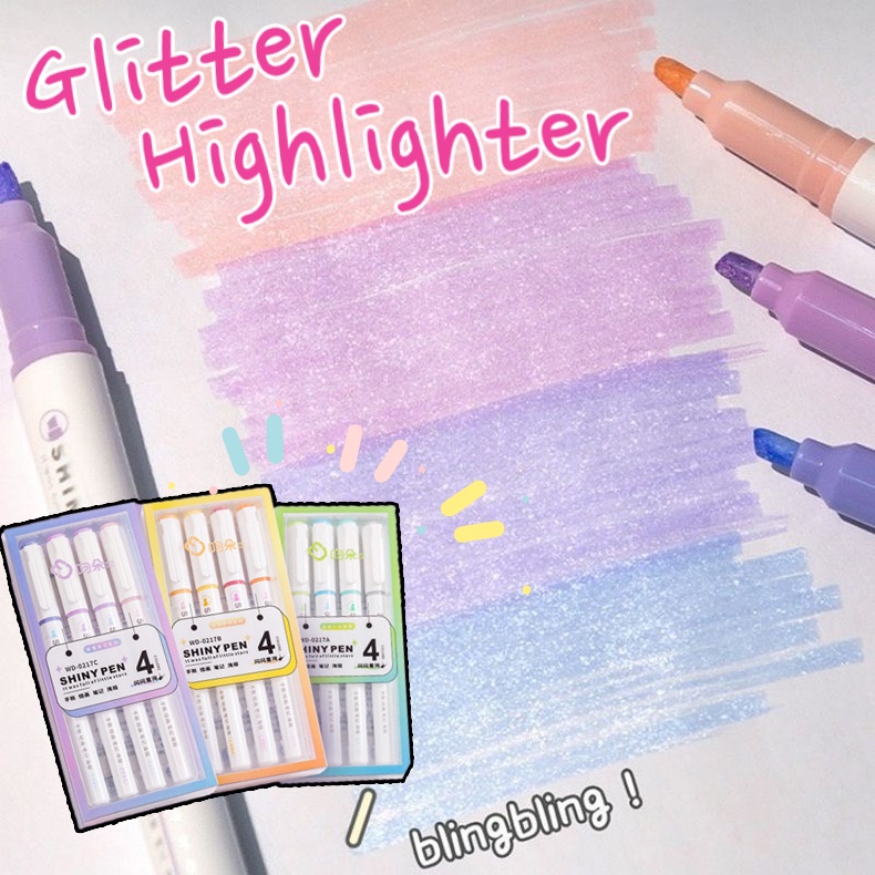 4pcs/set Violet Glitter Highlighter Pen & Colorful Marker Pen For School,  Gift Box Packaging