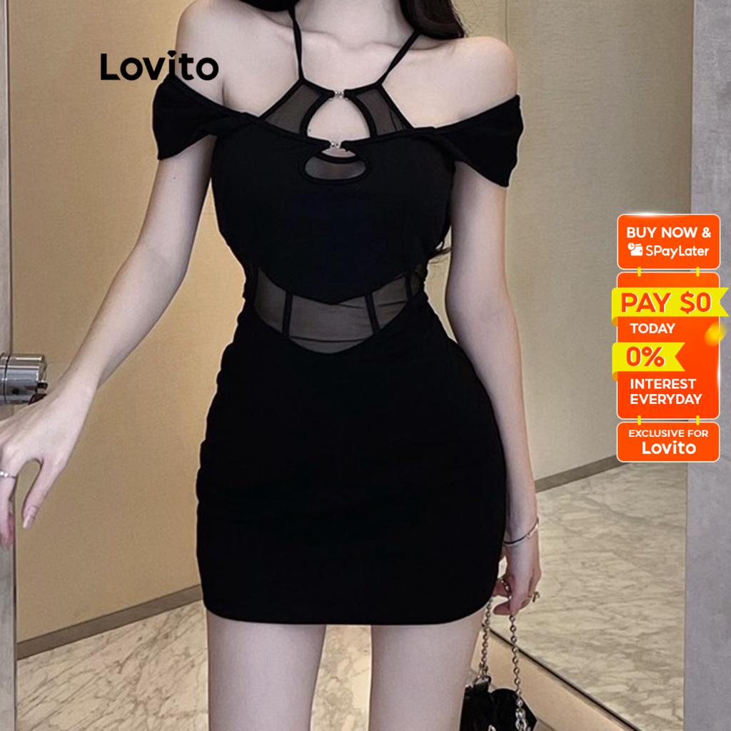 Lovito Sexy Plain Contrast Mesh Metal Off Shoulder Short Sleeves Bodycon Mini Dress For Women