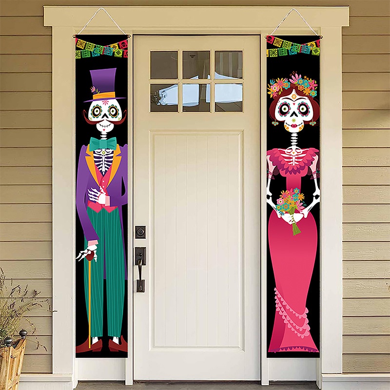 AN.MART Mexican Day Of The Dead Party Porch Sign Halloween Hanging Door