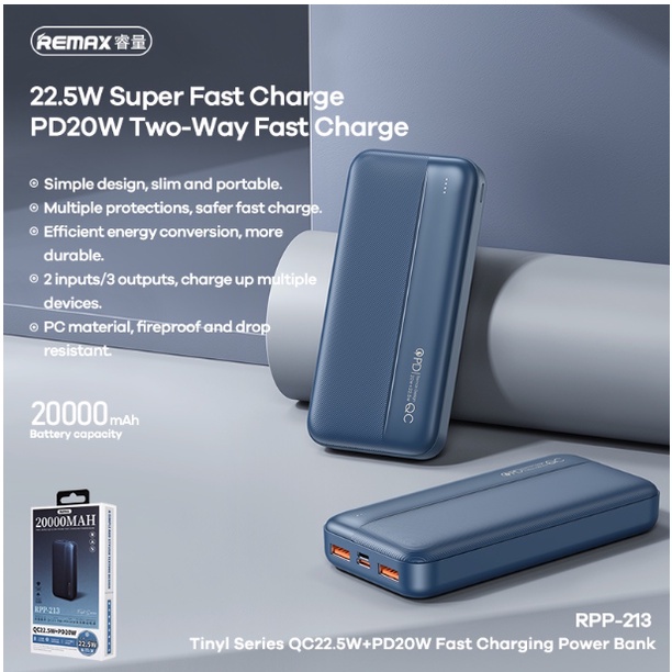 Remax RPP-213 22.5W 20000MAH PowerBank PD+QC Fast Charging Universal ...