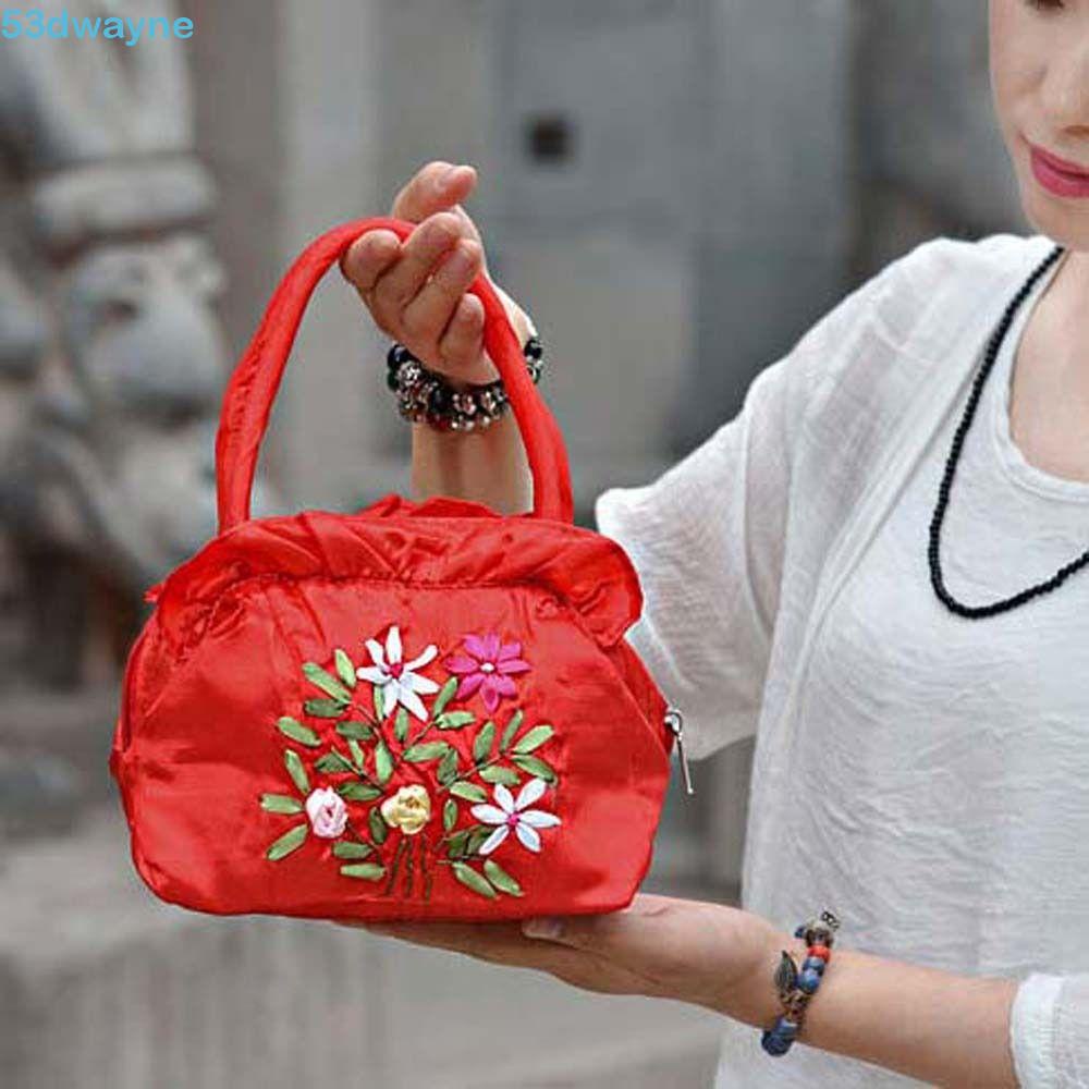 DWAYNE Embroidery Flower Handbag, Ruffle Satin Silk Zipper Flower Wrist ...