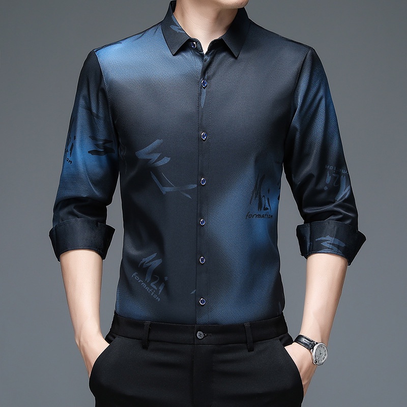 Spring Autumn Men's Casual Slim Fit Printed Dress Shirt Male Long