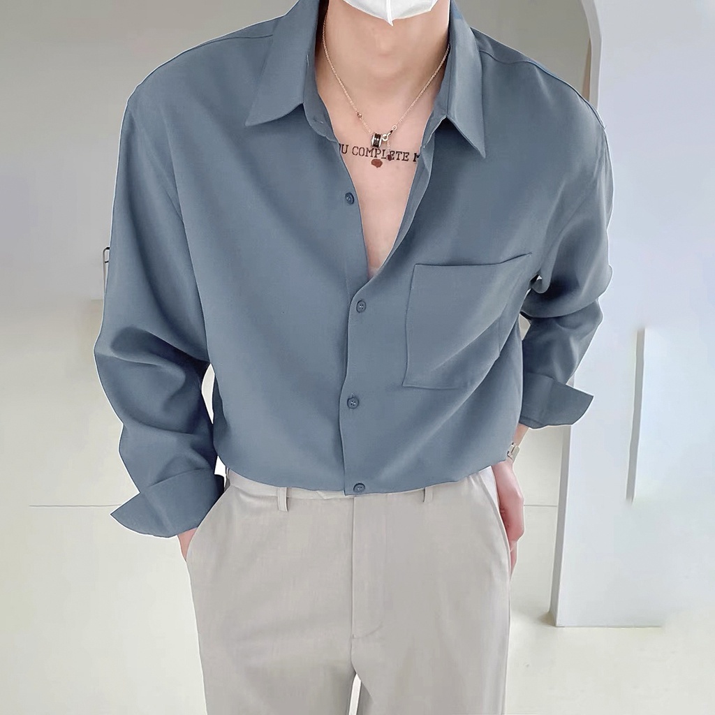 Ready Stock Korean Style abstinence loose casual baju lengan panjang untuk  lelaki Vintage summer pocket high fashion versatile Lapel Collar Shirt men  Oversize Tops