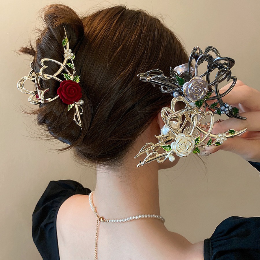 Korean Metal Rose Flower Hair Clip Pearl Love Large Hairpin Ponytail