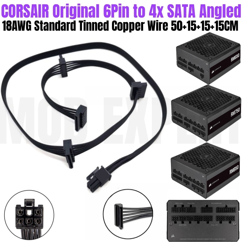 Original CORSAIR 6Pin to 4 SATA Angled HDD SSD Power Cable for RM450