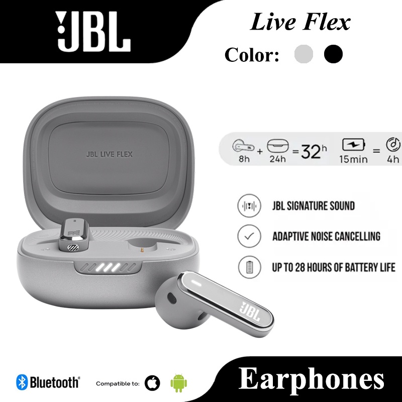 JBL Live FLEX Official Bluetooth 5.3 Earphone ANC True Adaptive Noise  Cancelling Dual Connect Wireless Earbuds IP54 Waterproof