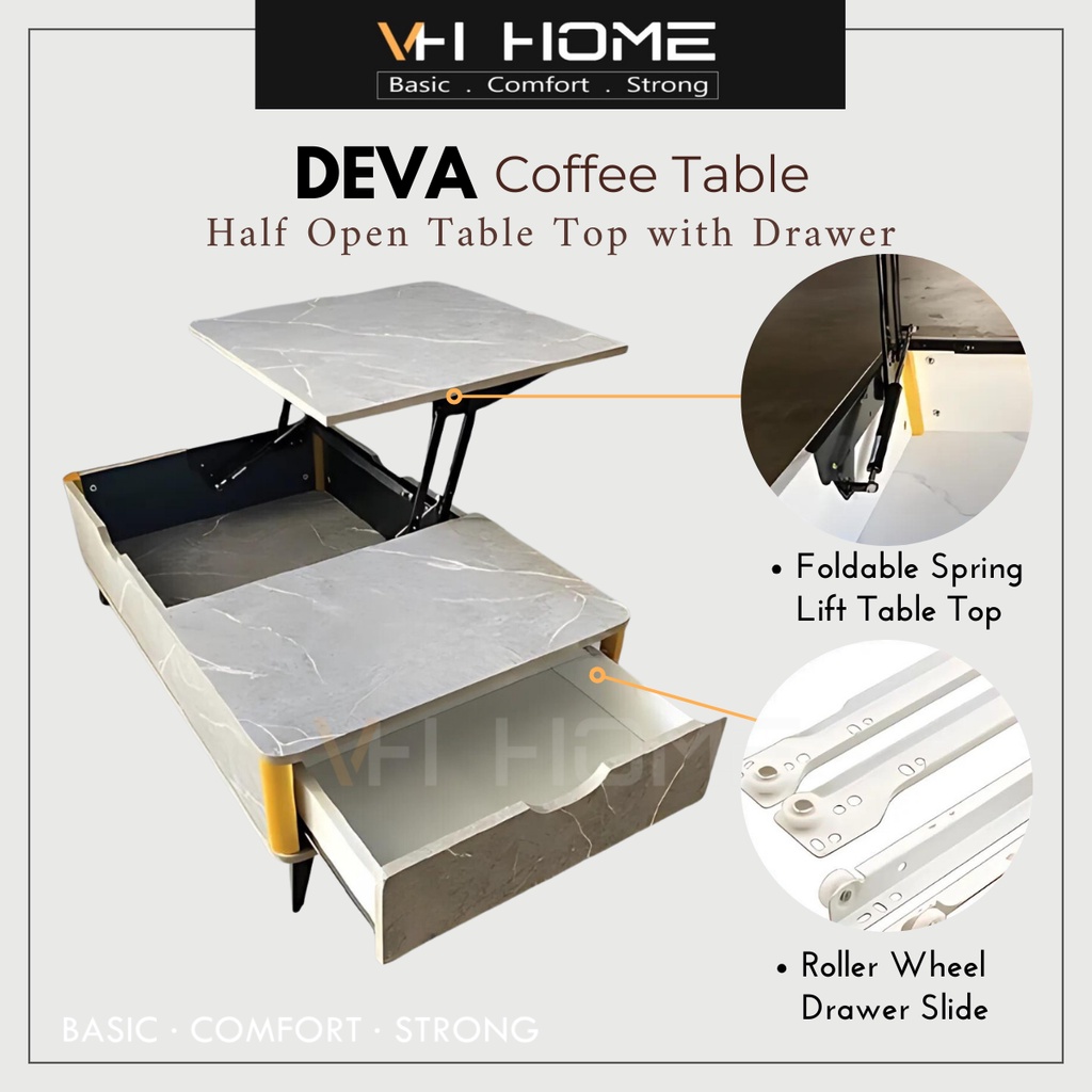 VH DEVA Coffee Table Marble Board Foldable Spring Lift Table Top Meja ...