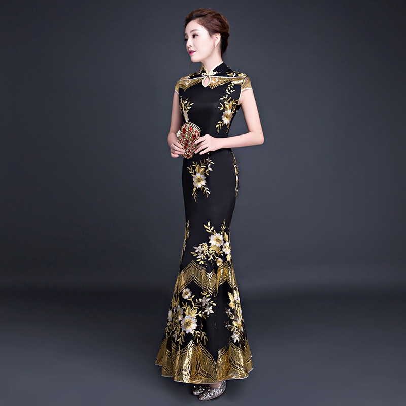 2023 Black Embroidery Wedding Cheongsam Women Vintage Plus Size ...