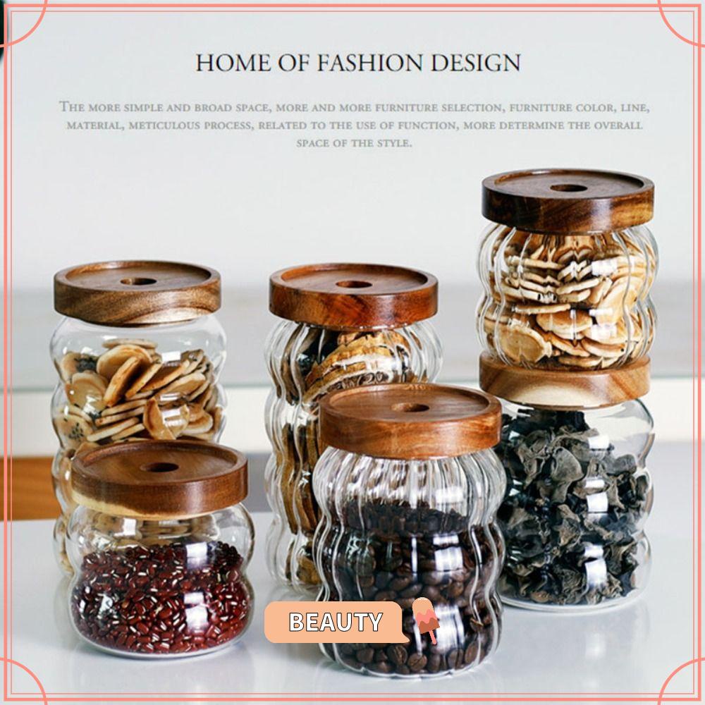 BEAUTYONE Tea Coffee Sugar Canister, with Wood Lid Striped Glass Sealed Jar, Practical Glass