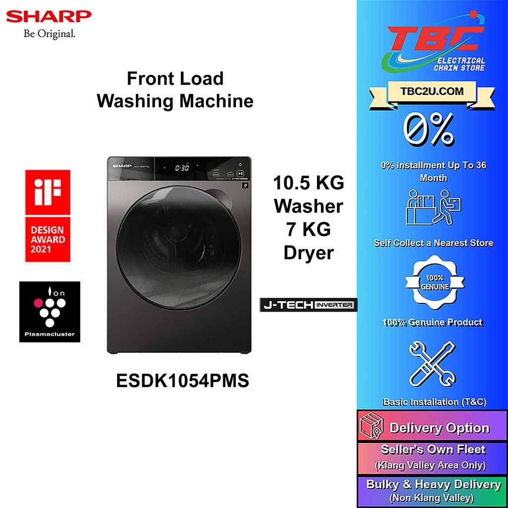 SHARP ESDK1054PMS 10.5KG/7KG FRONT LOAD J-TECH INVERTER WASHER DRYER ...