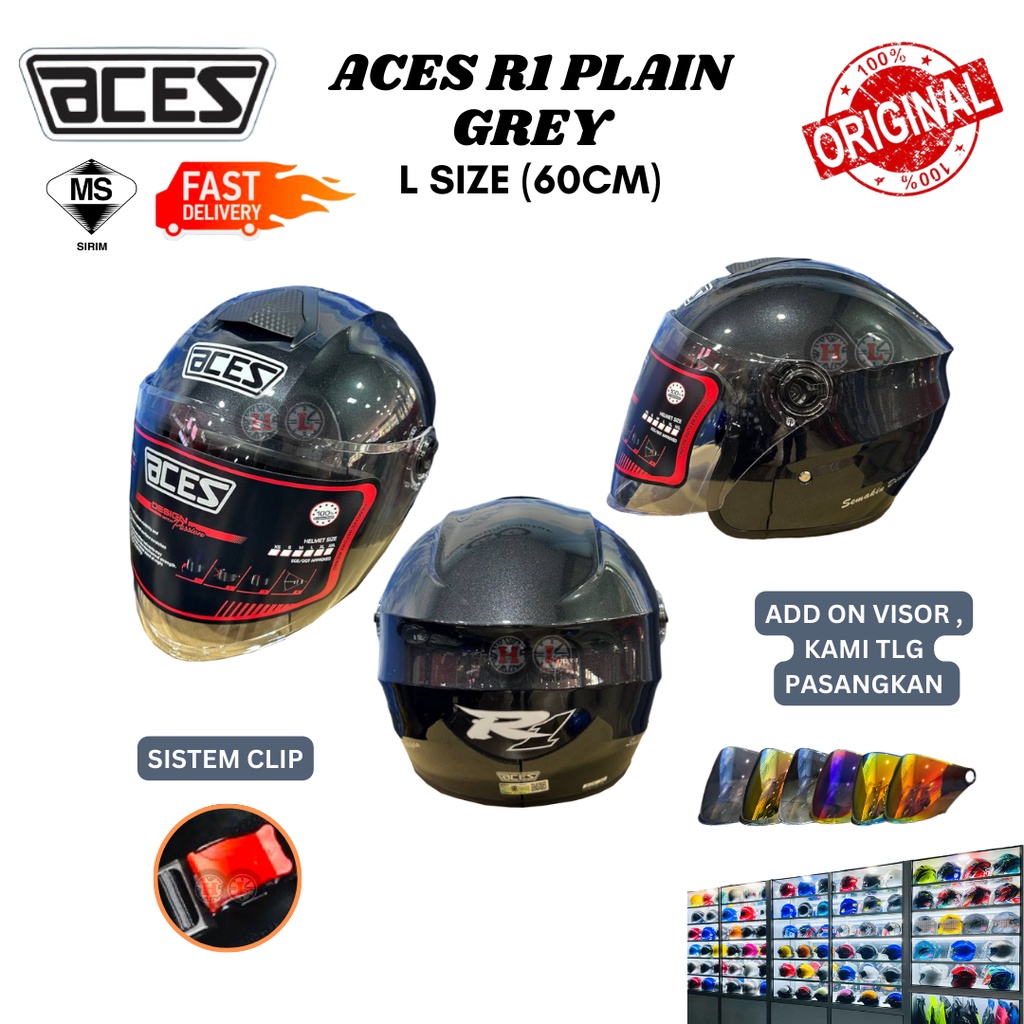 ACES R1 HELMET PLAIN COLOR (Helmet Open Face Aces R1 Siap Visor Clear ...