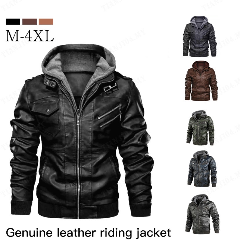 Men's Hooded Zipper Leather Jacket Coat Youth Leather Jacket Coat