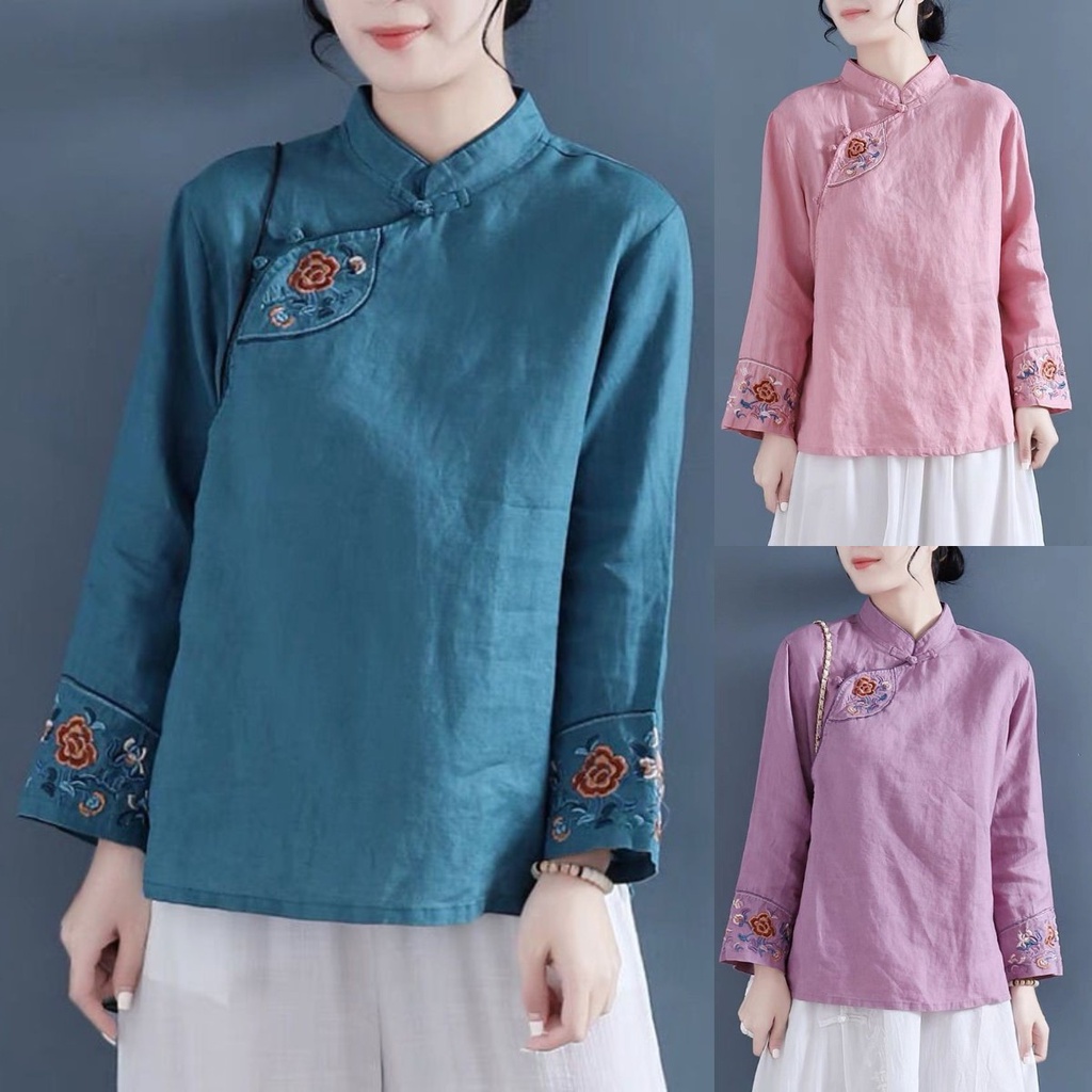 M-4XL Women's Cheongsam Tops Vintage Cotton Linen Blouse Long Sleeve ...