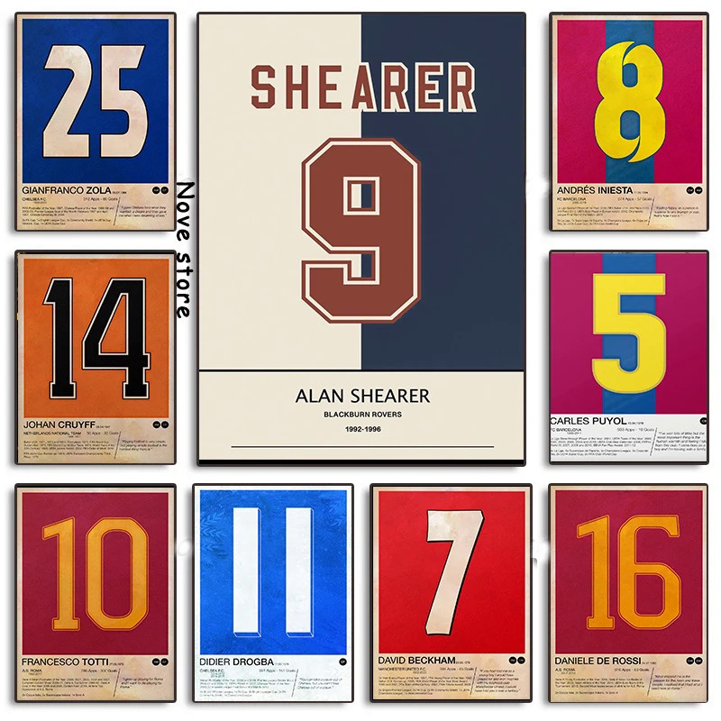 Vintage Famous Soccer Players Jersey Numbers Poster Sport Minimalist Canvas Printing Print Wall