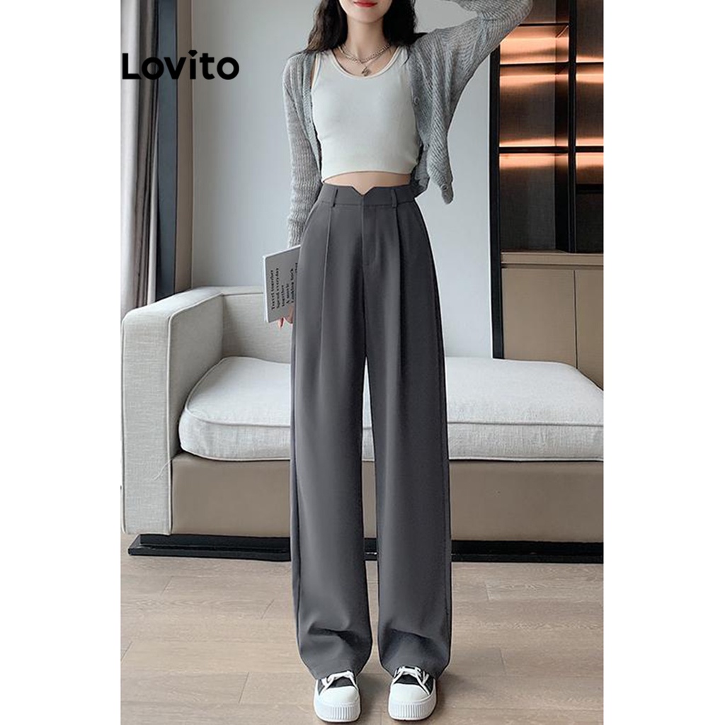 Lovito Elegant Plain Pocket Zipper Pants For Women Lna Dark Grey Black Lovito Celana