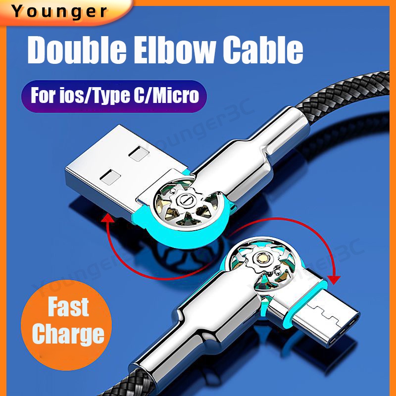 180°Double Elbow Super Fast Charging Cable With Lamp 65W Zinc Alloy USB Data Cable 6A Nylon