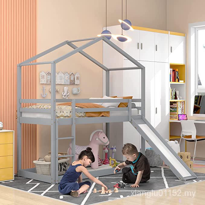 Bunk Bed with Slide Stairs Fall Protection & Slatted Base Pine Bed