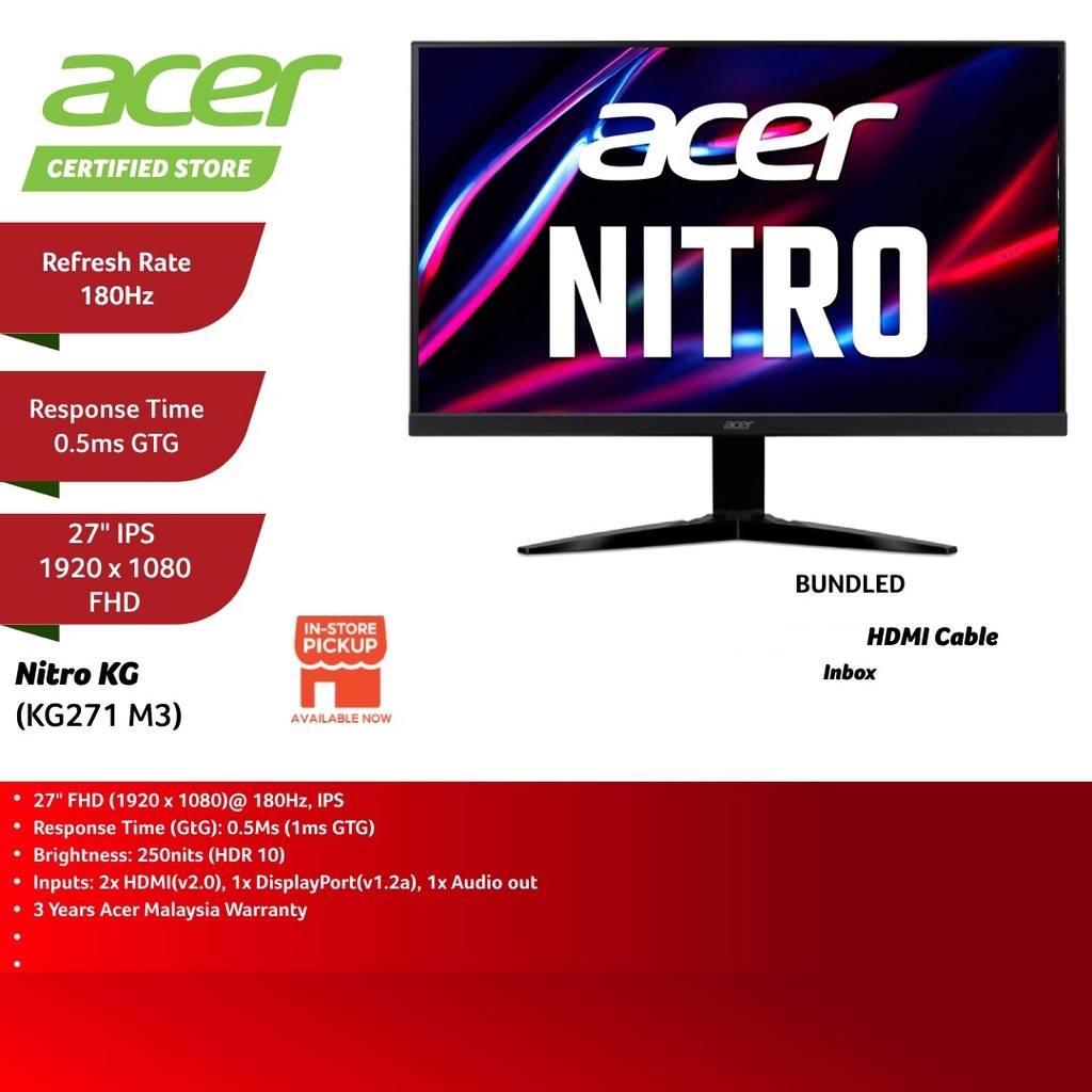 Acer Nitro M3 FHD IPS 180Hz Gaming Monitor (27") KG271 Shopee Malaysia