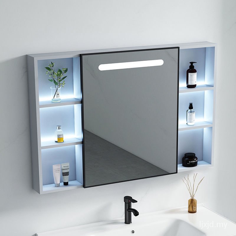 Bathroom wall-mounted mirror cabinet with lights and storage rack ...