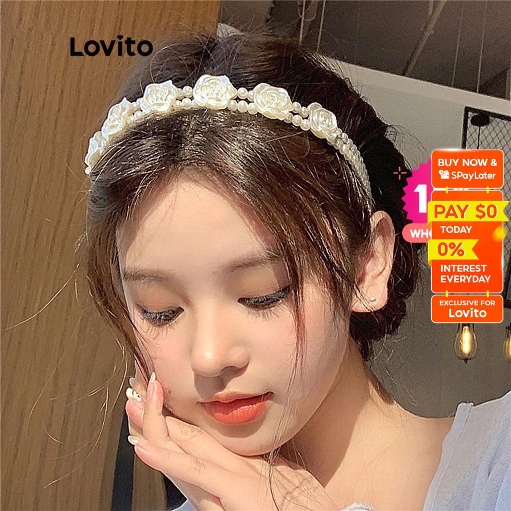 Lovito Casual Plain Flower Pearl Headband Elegant Wedding Headbands for