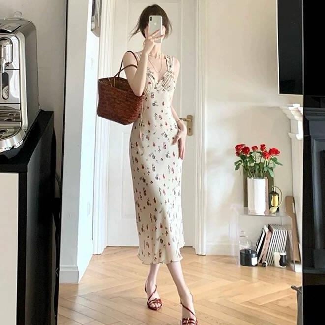 long floral dress for woman casual white sexy fitted dress aesthetic ...