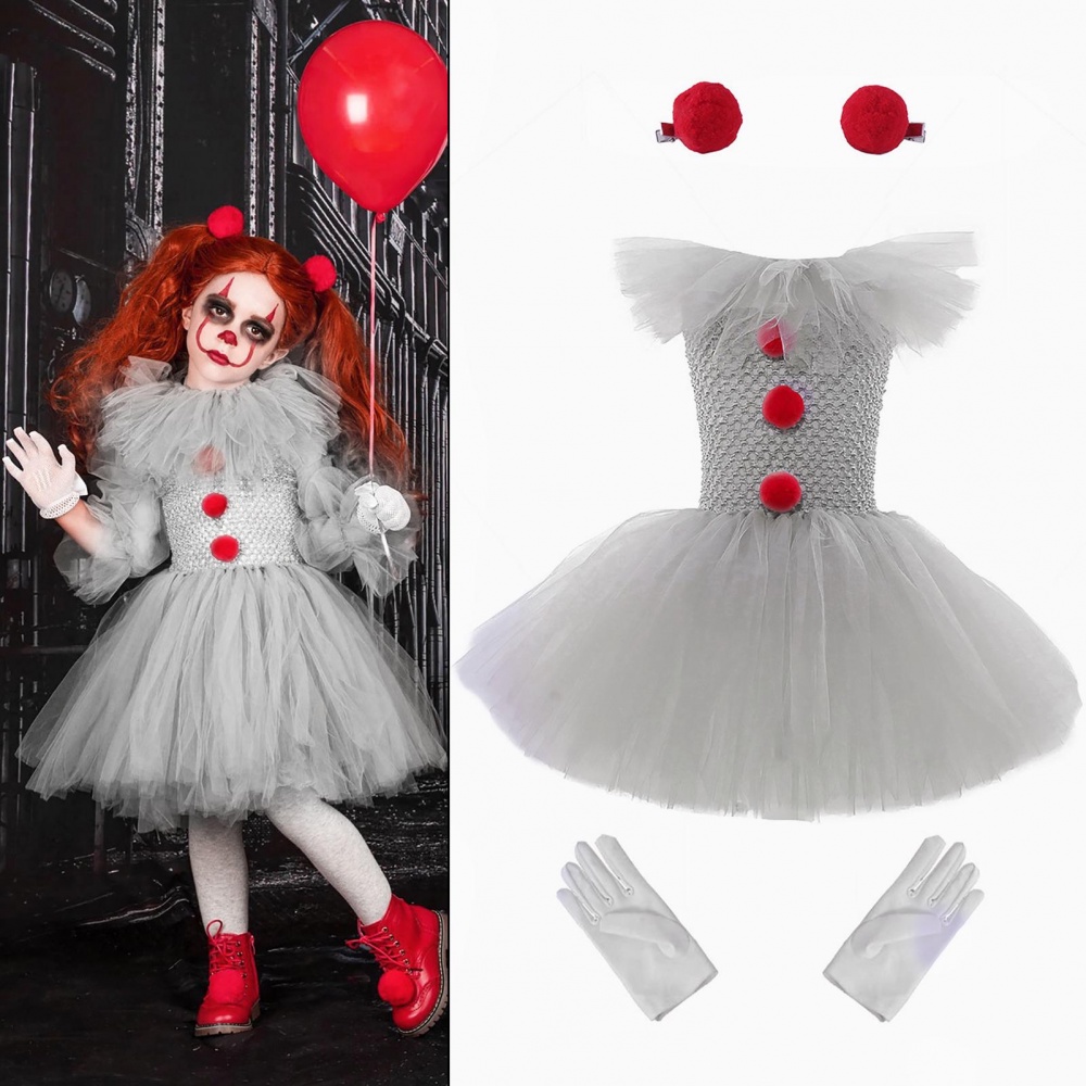 Girl Clown Costume Gray Joker Girls Halloween Costume Tutu Dress Scary