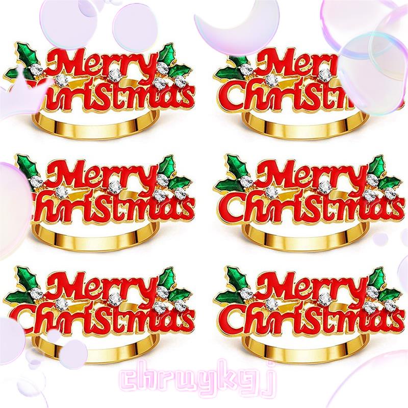 Christmas Napkin Rings Set of 6, Red Merry Christmas Napkin Ring