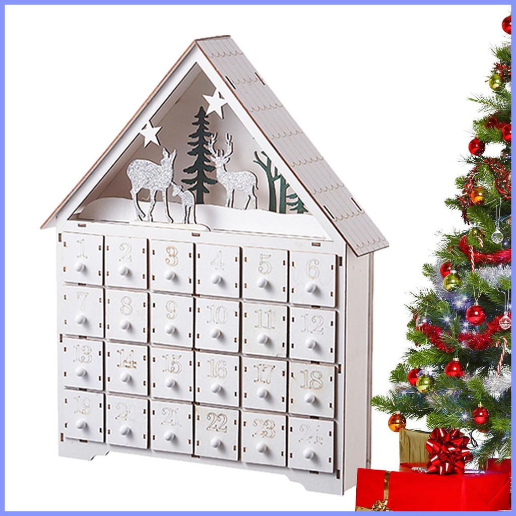 Wooden Christmas Countdown Calendar House Light Up Table Holiday ...