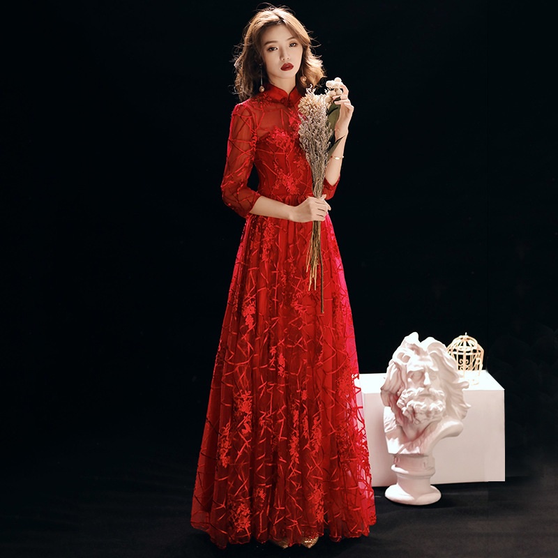 sachin and babi light blue dress Women girls Red flowers chinese dresses Fishtail evening dress Chinese style  bridal wedding banquet oriental qipao dress host singers long embroidery  trailing tail main image 1