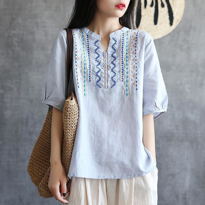 Cotton and Linen Blouse for Women Plus Size Summer Retro Embroidered V ...