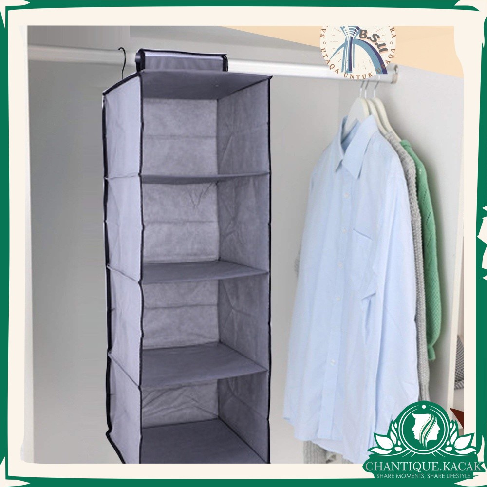 [BSU] 4 Tier Hanging Wardrobe Organizer Vertical Shelf Clothes Rak ...