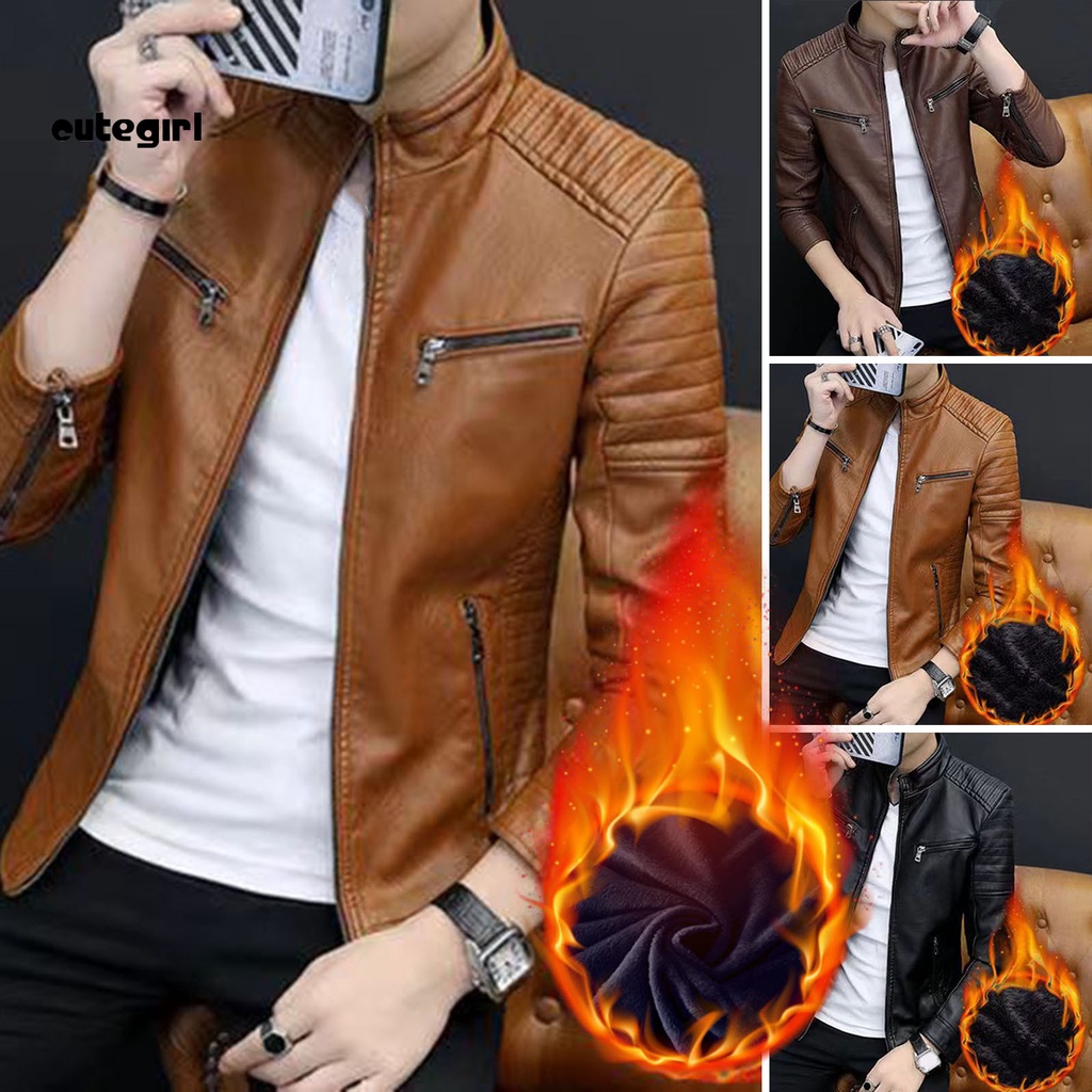 CMN Autumn Winter Stand Collar Jacket Men Fleece Lining Faux Leather Jacket Long Sleeve Shopee Malaysia