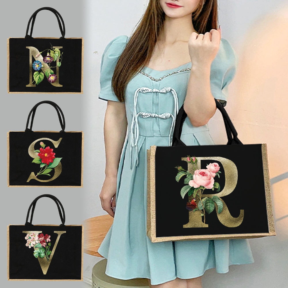 Jute bag Women Shopping Pouch Designer Laminated Bags Gold Letters and ...