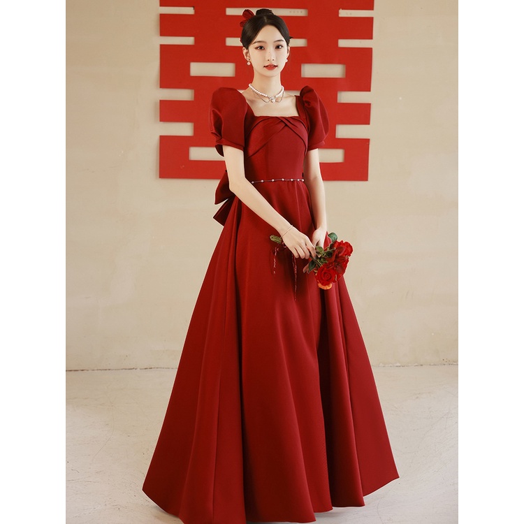 Wine Red Satin Bridal Wedding Toast Dress French Puff Sleeve Square